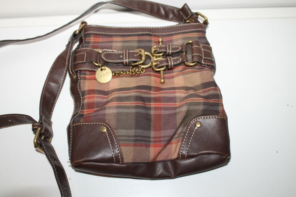 Chaps Leather Handbag Purse 9x9, Brown Plaid Brass, Preppy, Old Money